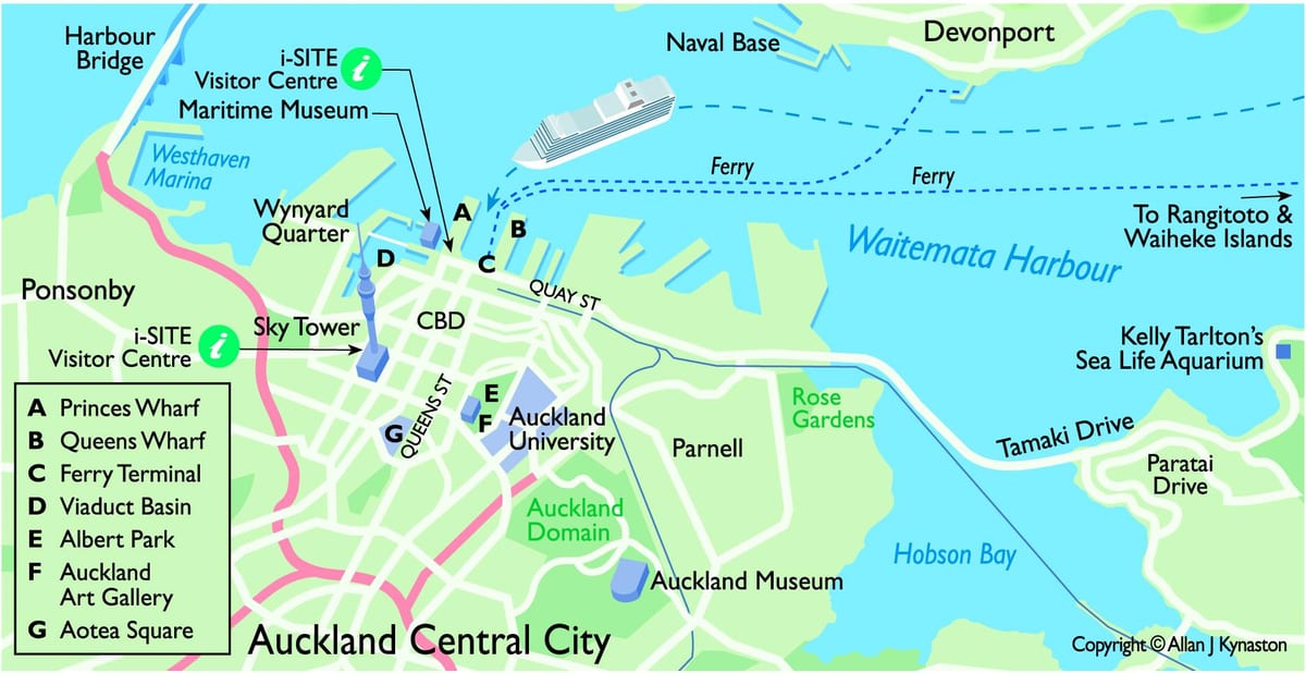 Auckland kruizinių laivų terminalą žemėlapyje